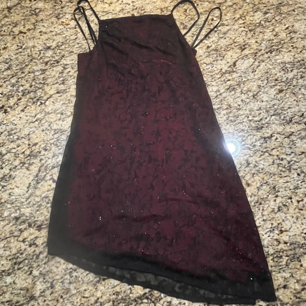 Vintage Byer Too!  Red Glitter Black Floral Mesh Overlay Mini Dress Girl S